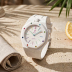 Huit Blanc Swatch × AP Royal Pop Rubber Case-Strap — worn in a mediterranean scene, by IFL Watches