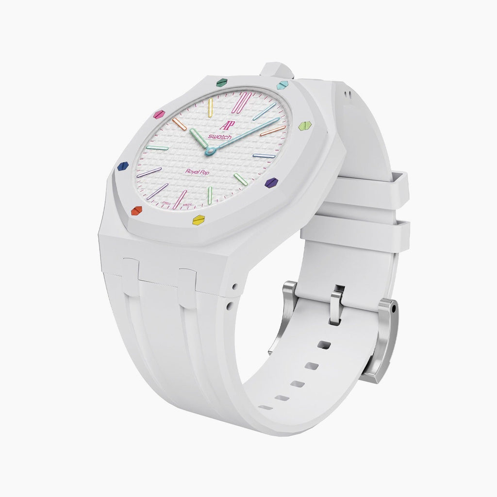 Huit Blanc Swatch × AP Royal Pop Rubber Case-Strap — the Royal Pop Huit Blanc seated in our rubber kit, three-quarter view, by IFL Watches