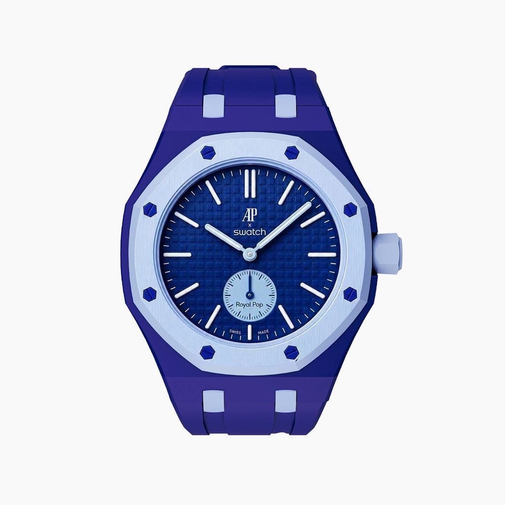 Lan Ba Swatch × AP Royal Pop Rubber Case-Strap — blue with light-blue accents kit with the Royal Pop head seated in the case, by IFL Watches