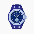 Lan Ba Swatch × AP Royal Pop Rubber Case-Strap — blue with light-blue accents kit with the Royal Pop head seated in the case, by IFL Watches