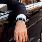Laphont Bloc Bouquella — Worn with a dark suit and white shirt cuff, an arm resting on the door of a polished black classic car, a hand-painted limited edition timepiece by IFL Watches