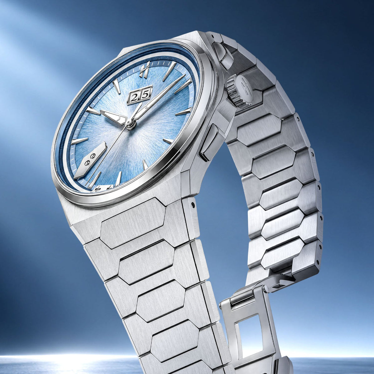 Lucky Harvey Chiming Watch 2.0 Blue — Side angle showing the integrated titanium bracelet and folding clasp, available at IFL Watches.