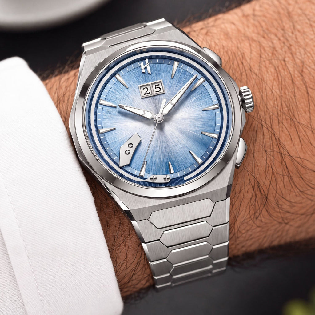 Lucky Harvey Chiming Watch 2.0 Blue — Worn on wrist at an angle, showing the crown and pushers, available at IFL Watches.