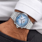 Lucky Harvey Chiming Watch 2.0 Blue — Worn on wrist with a hand in the pocket, available at IFL Watches.