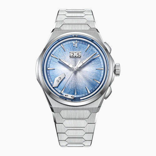 Lucky Harvey Chiming Watch 2.0 Blue — Front view of the hand-brushed blue dial with big date and chiming hammer, 40mm Grade 5 titanium case on integrated titanium bracelet, available at IFL Watches.