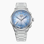Lucky Harvey Chiming Watch 2.0 Blue — Front view of the hand-brushed blue dial with big date and chiming hammer, 40mm Grade 5 titanium case on integrated titanium bracelet, available at IFL Watches.