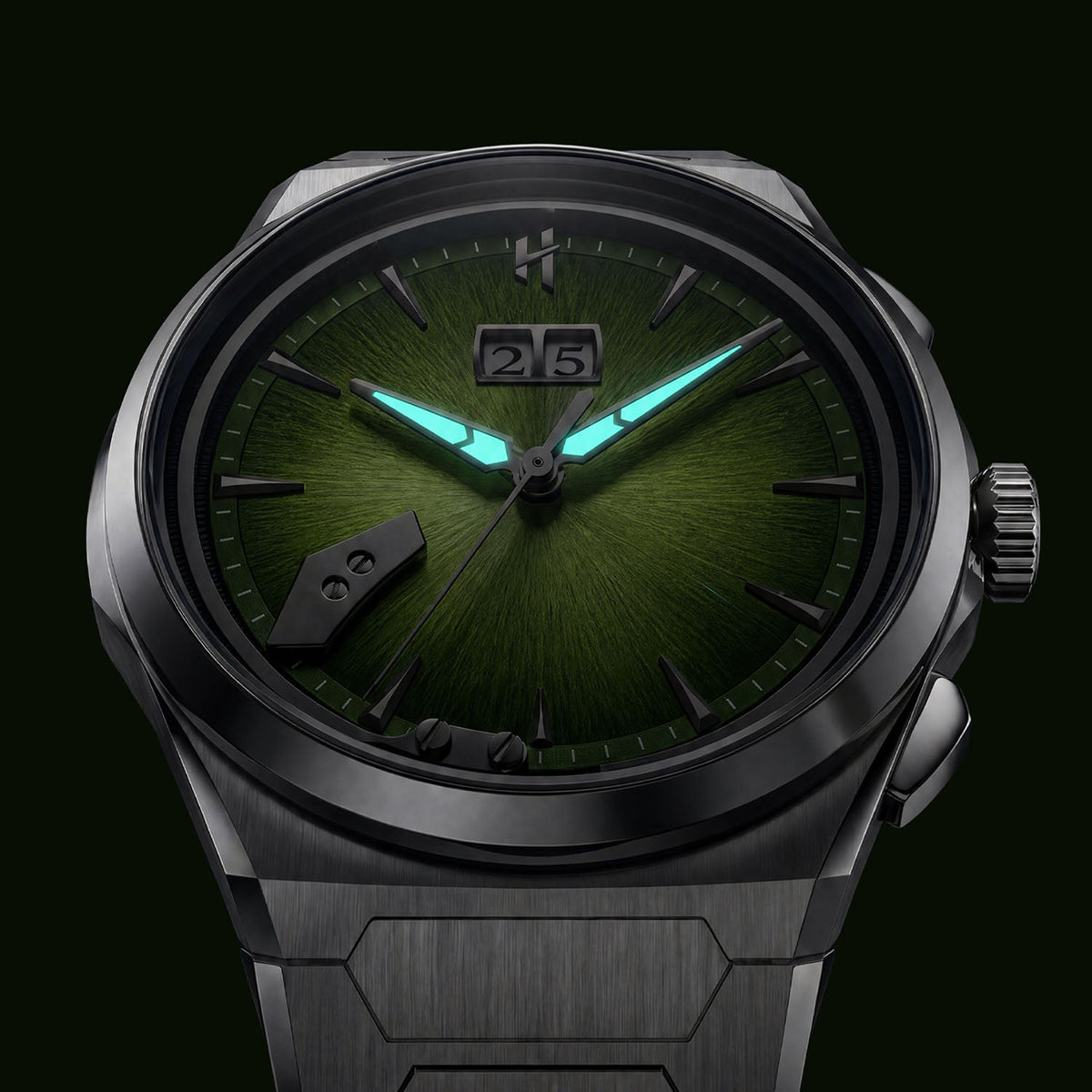 Lucky Harvey Chiming Watch 2.0 Green — In the dark, showing the luminous hands, available at IFL Watches.