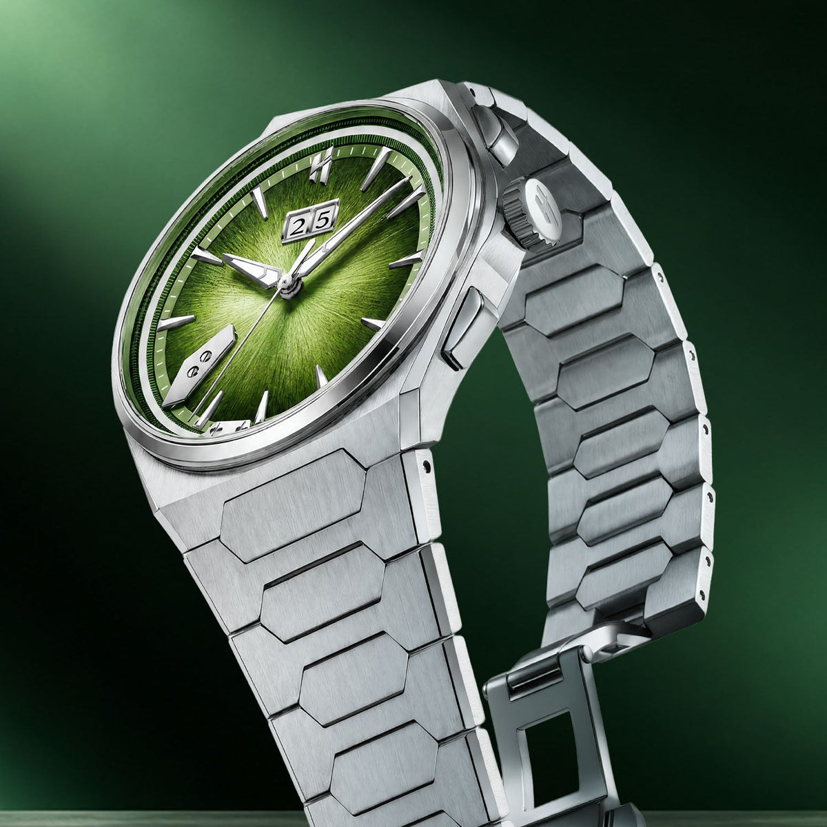 Lucky Harvey Chiming Watch 2.0 Green — Side angle showing the integrated titanium bracelet and folding clasp, available at IFL Watches.