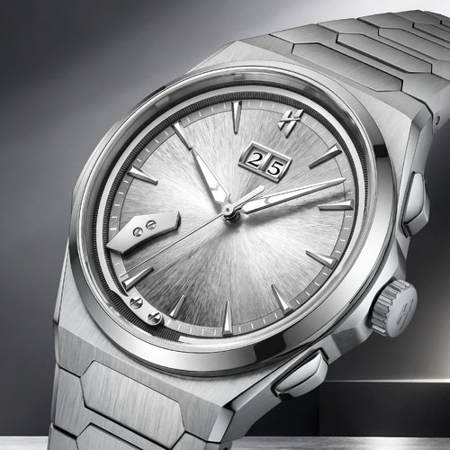 Lucky Harvey Chiming Watch 2.0 Silver — Close angled view of the radially brushed silver dial, big date window and hammer, available at IFL Watches.