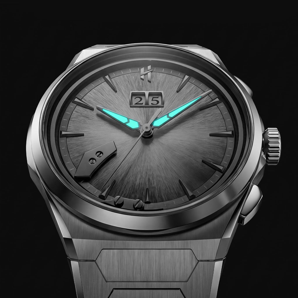 Lucky Harvey Chiming Watch 2.0 Silver — In the dark, showing the luminous hands, available at IFL Watches.