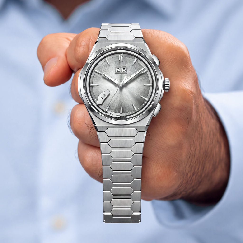 Lucky Harvey Chiming Watch 2.0 Silver — Held in hand, showing the silver dial and big date, available at IFL Watches.