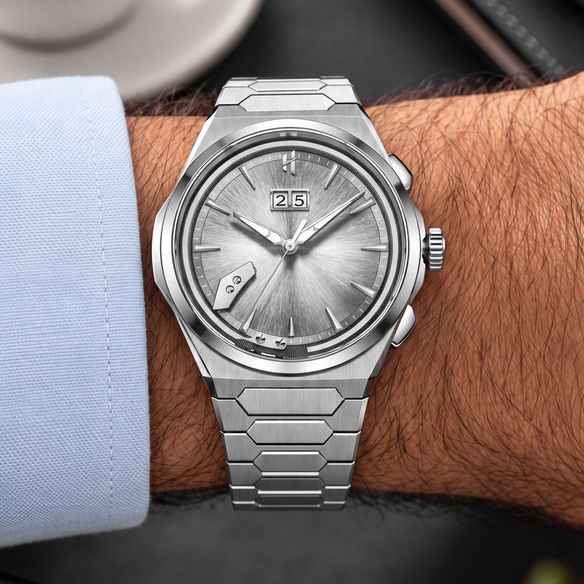 Lucky Harvey Chiming Watch 2.0 Silver — Worn on wrist, front view of the silver dial, available at IFL Watches.