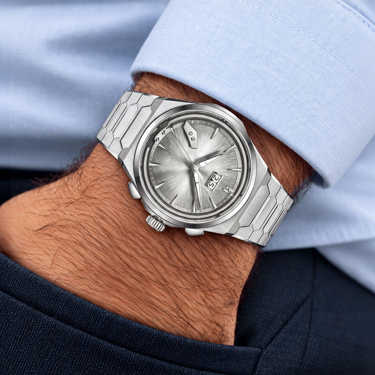 Lucky Harvey Chiming Watch 2.0 Silver — Worn on wrist with a hand in the pocket, available at IFL Watches.