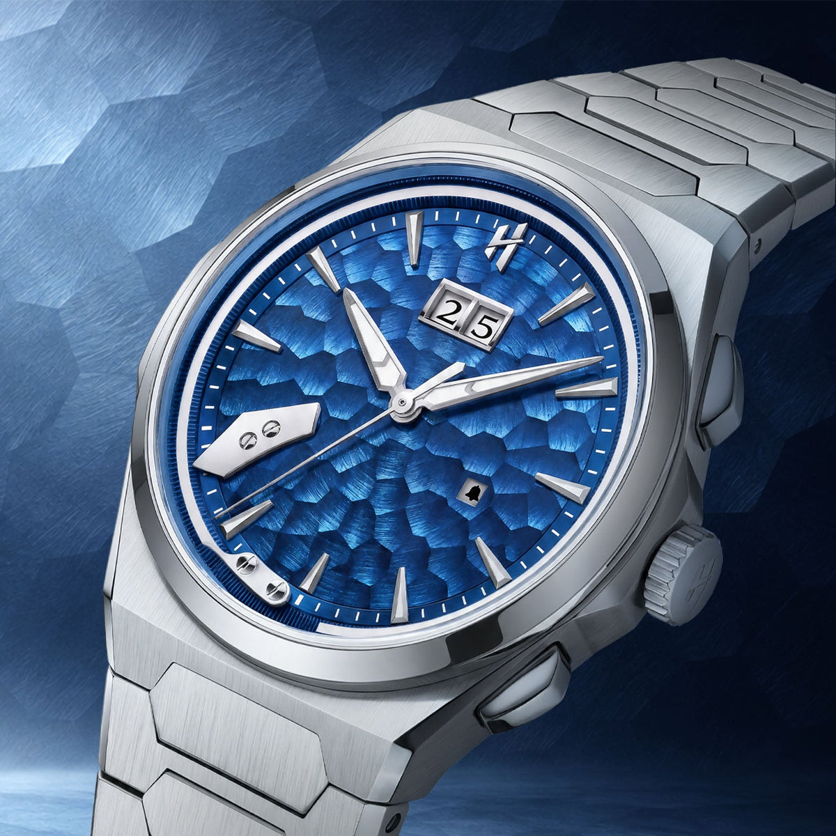 Lucky Harvey Hammered Chiming Watch 1.0 Ocean Blue — Close angled view of the hand-hammered blue dial, big date window and hammer, available at IFL Watches.