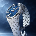 Lucky Harvey Hammered Chiming Watch 1.0 Ocean Blue — Side angle showing the integrated bracelet and folding clasp, available at IFL Watches.