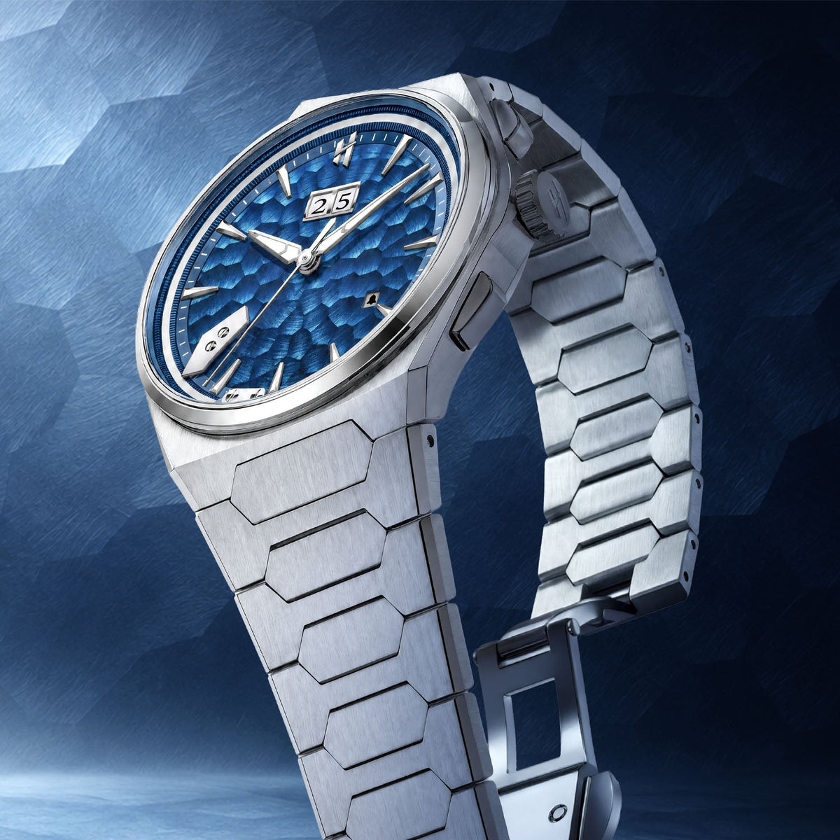 Lucky Harvey Hammered Chiming Watch 1.0 Ocean Blue — Side angle showing the integrated bracelet and folding clasp, available at IFL Watches.