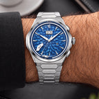 Lucky Harvey Hammered Chiming Watch 1.0 Ocean Blue — Worn on wrist, front view of the ocean blue dial, available at IFL Watches.