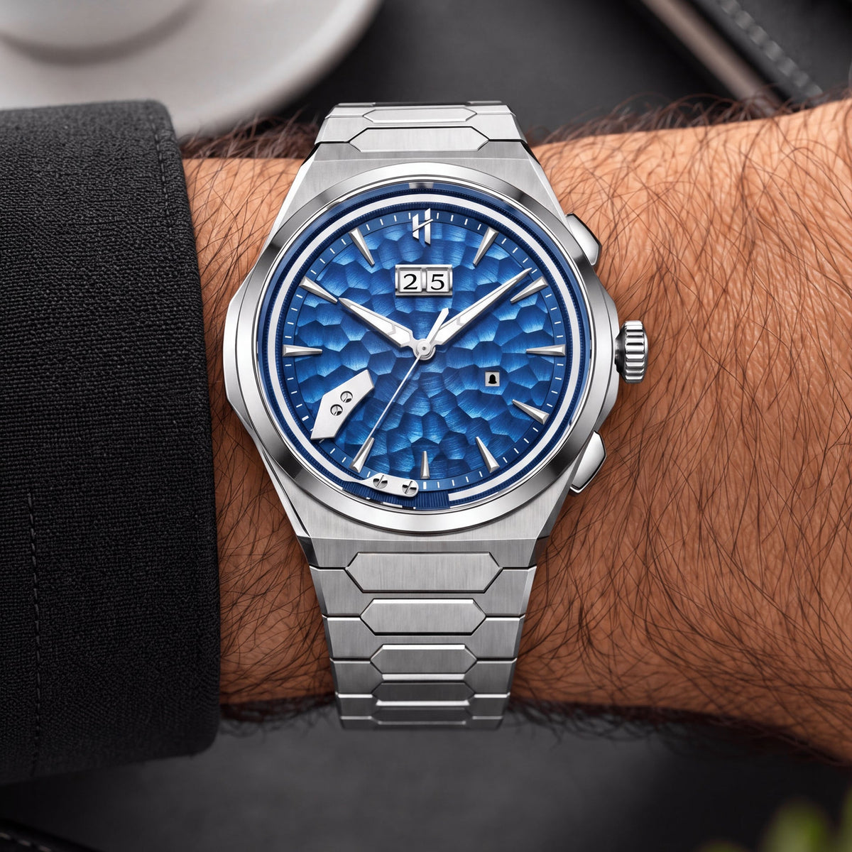 Lucky Harvey Hammered Chiming Watch 1.0 Ocean Blue — Worn on wrist, front view of the ocean blue dial, available at IFL Watches.