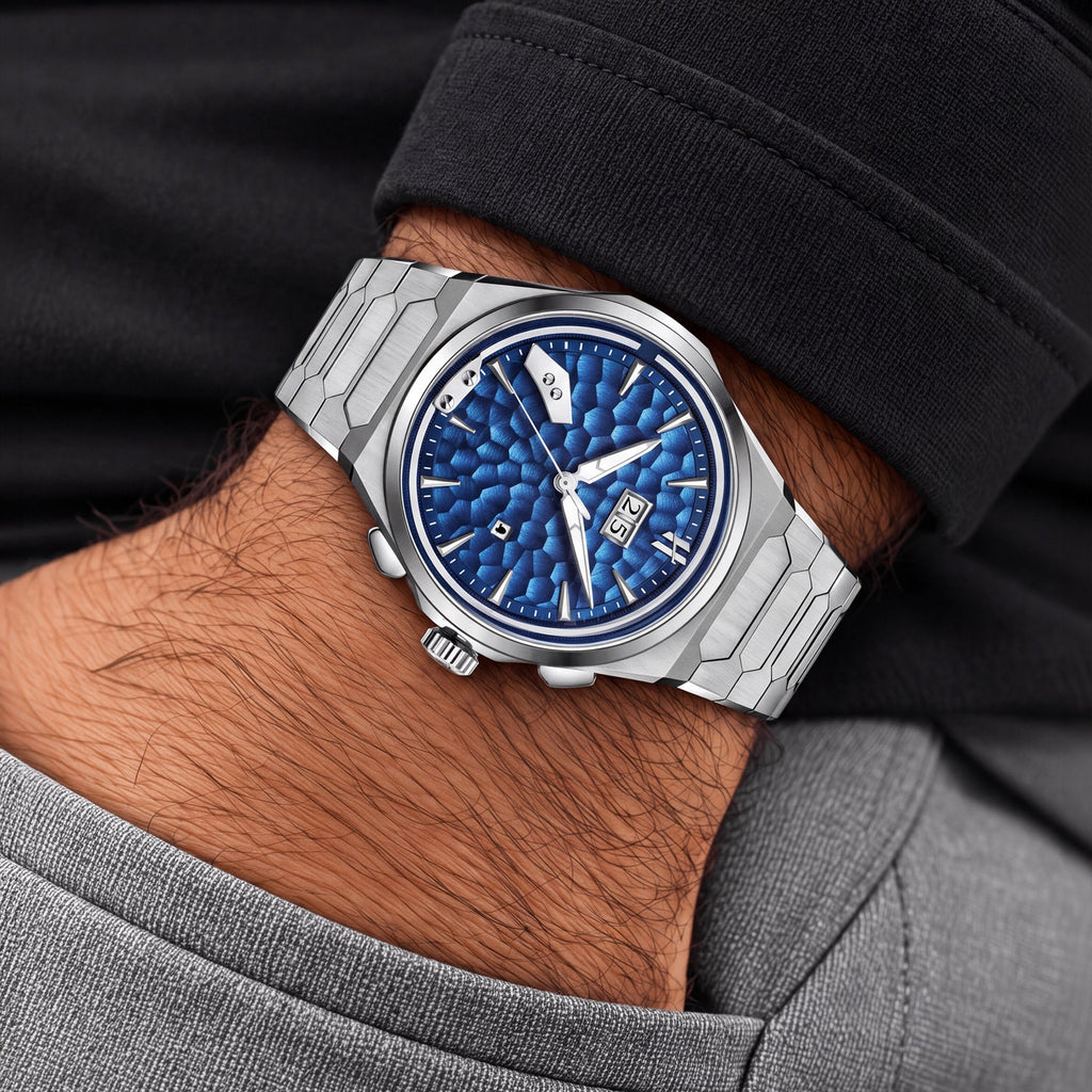 Lucky Harvey Hammered Chiming Watch 1.0 Ocean Blue — Worn on wrist with a white shirt cuff, available at IFL Watches.