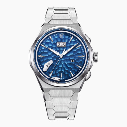 Lucky Harvey Hammered Chiming Watch 1.0 Ocean Blue — Front view of the hammered ocean blue dial with big date and chiming hammer, 40mm case on integrated bracelet, available at IFL Watches.