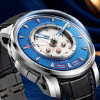 Lucky Harvey Sic Bo Blue — Close angled view of the dice cup, embossed dial and dice button on the left flank, available at IFL Watches.
