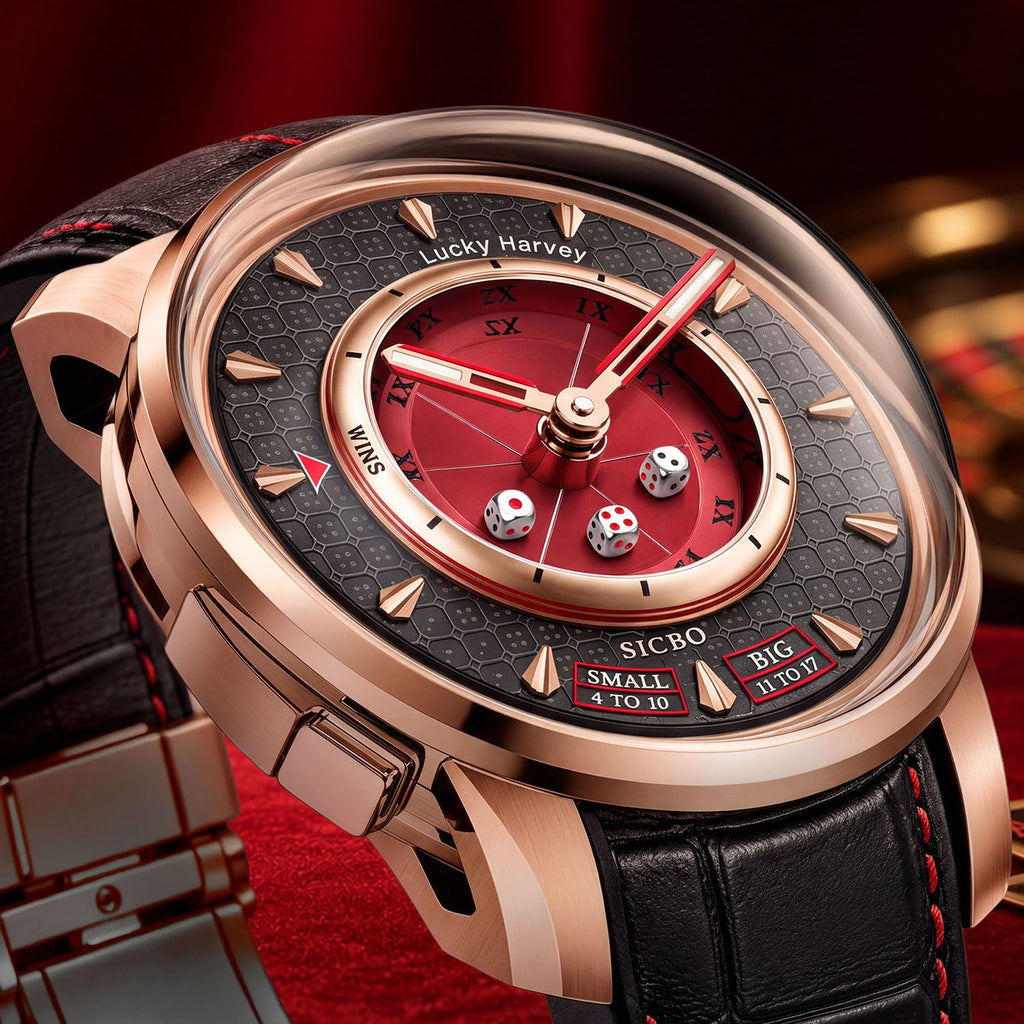 Lucky Harvey Sic Bo Red — Close angled view of the dice cup, embossed dial and dice button on the left flank, available at IFL Watches.