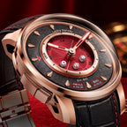 Lucky Harvey Sic Bo Red — Close angled view of the dice cup, embossed dial and dice button on the left flank, available at IFL Watches.