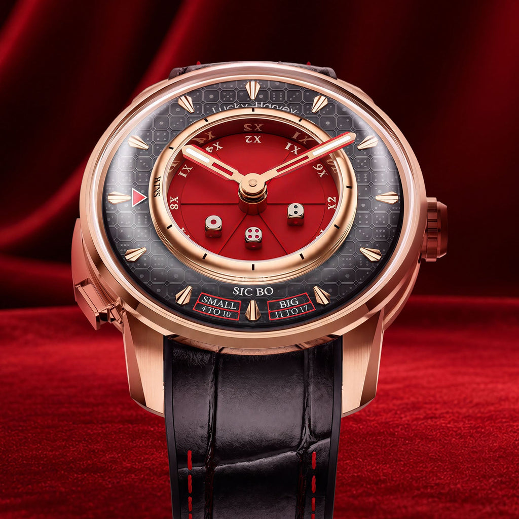 Lucky Harvey Sic Bo Red — Front view on a red felt casino table, available at IFL Watches.