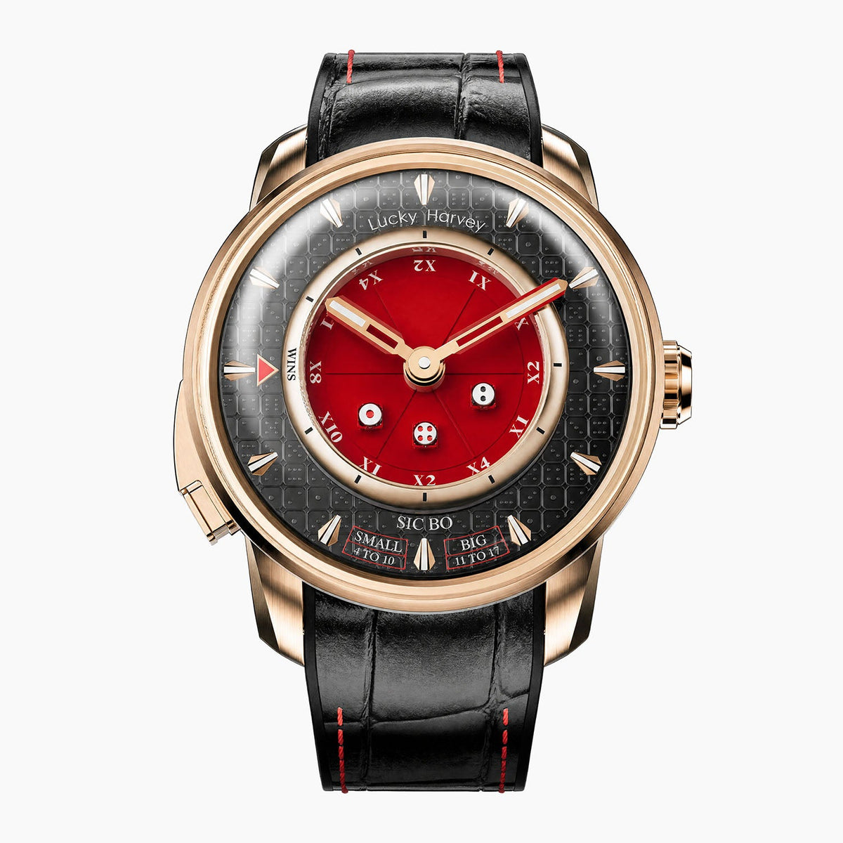 Lucky Harvey Sic Bo Red — Front view of the red dice dial with three silver dice, casino-chip hour scale and Big and Small zones, 43mm rose gold-tone steel case on black leather strap, available at IFL Watches.