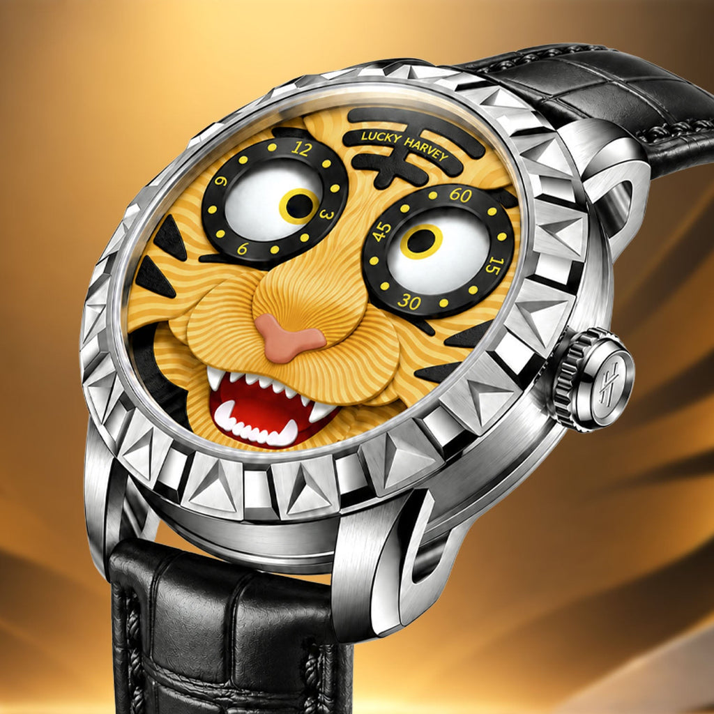 Lucky Harvey Tiger Gold — Close angled view of the sculpted tiger face, open mouth and spiked bezel, available at IFL Watches.
