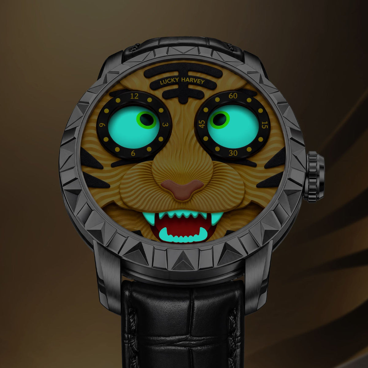 Lucky Harvey Tiger Gold — In the dark, showing the luminous eyes and teeth, available at IFL Watches.