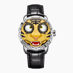 Lucky Harvey Tiger Gold — Front view of the yellow tiger face, its eyes showing the hours and minutes, 40mm steel case with spiked bezel on black leather strap, available at IFL Watches.