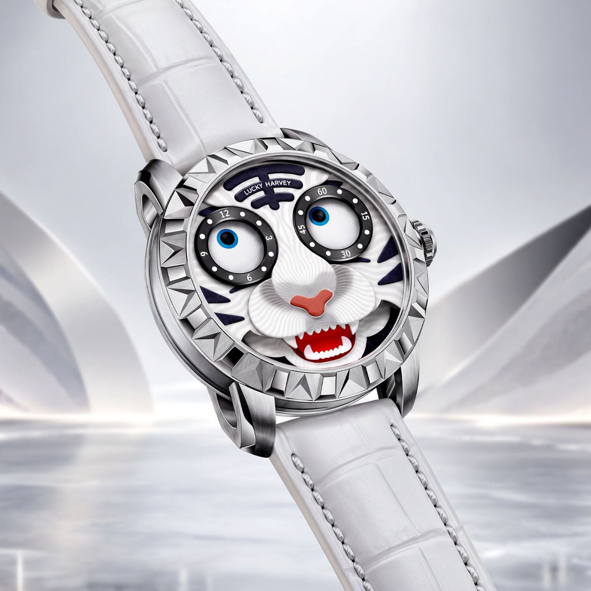 Lucky Harvey Tiger White — Angled view on the white leather strap, available at IFL Watches.