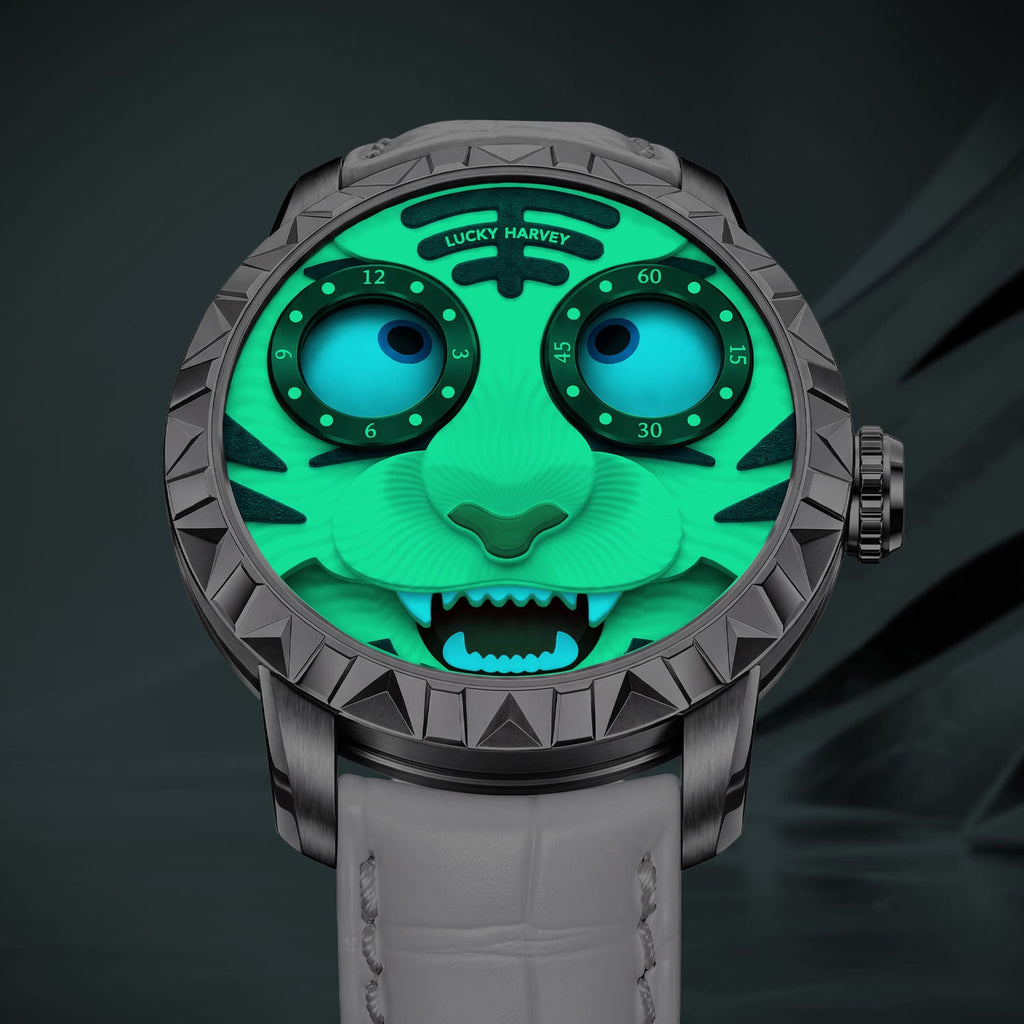 Lucky Harvey Tiger White — In the dark, showing the luminous eyes and teeth, available at IFL Watches.