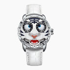 Lucky Harvey Tiger White — Front view of the white tiger face, its eyes showing the hours and minutes, 40mm steel case with spiked bezel on white leather strap, available at IFL Watches.