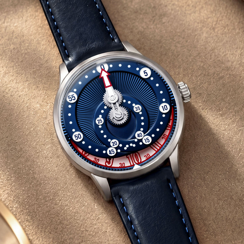 Mandetbrote Orbital Blue Kiss — Resting on beige suede, showing the red-and-white hour disc, available at IFL Watches.