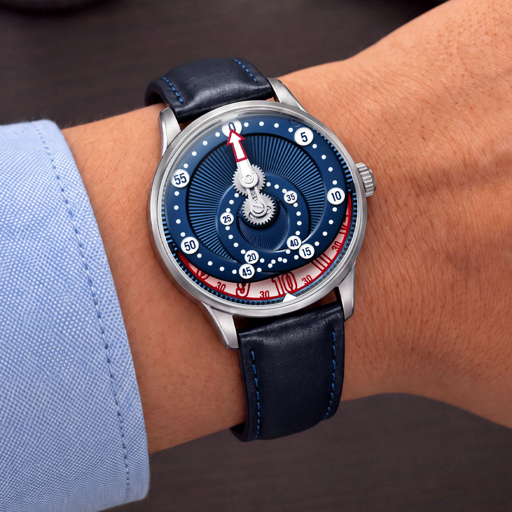 Mandetbrote Orbital Blue Kiss — Worn on wrist at an angle, showing the dial and crown, available at IFL Watches.