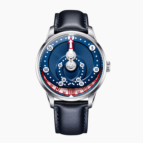 Mandetbrote Orbital Blue Kiss — Front view of the blue dial with geared minute arm, looping minute track and hour window at six, 41.2mm steel case on navy leather strap, available at IFL Watches.