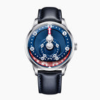Mandetbrote Orbital Blue Kiss — Front view of the blue dial with geared minute arm, looping minute track and hour window at six, 41.2mm steel case on navy leather strap, available at IFL Watches.
