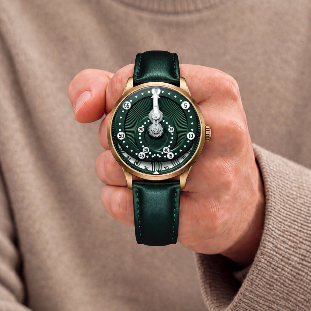 Mandetbrote Orbital Bronze Crush — Held in hand against a beige knit sweater, showing the folding minute arm, available at IFL Watches.
