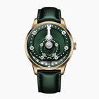 Mandetbrote Orbital Bronze Crush — Front view of the green dial with geared minute arm, looping minute track and hour window at six, 41.2mm bronze case on green leather strap, available at IFL Watches.