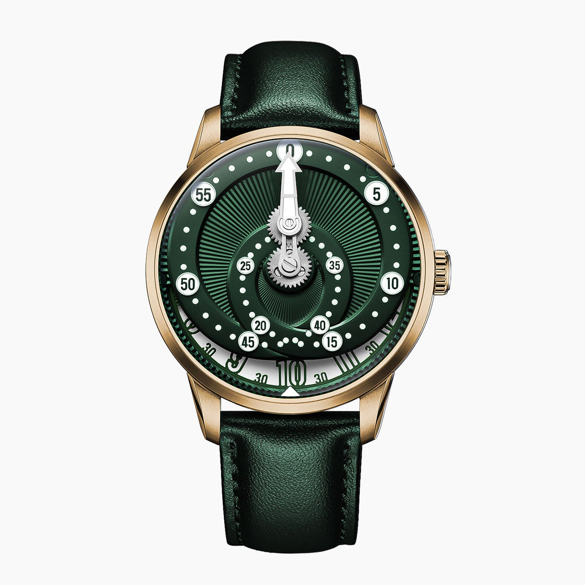 Mandetbrote Orbital Bronze Crush — Front view of the green dial with geared minute arm, looping minute track and hour window at six, 41.2mm bronze case on green leather strap, available at IFL Watches.