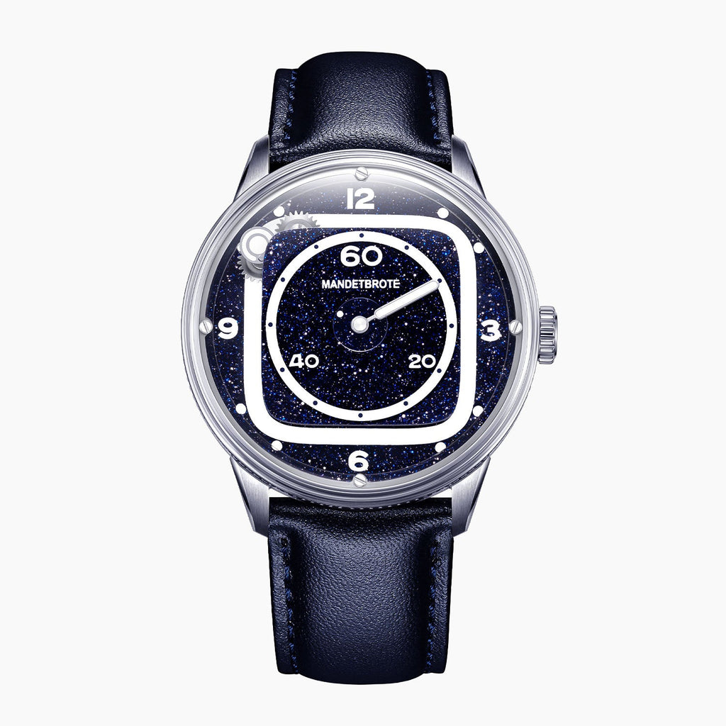 Mandetbrote Orbital II Blue — Front view of the blue aventurine glass dial with cushion-shaped hour rail, geared satellite and central minute hand, 40mm steel case on blue leather strap, available at IFL Watches.