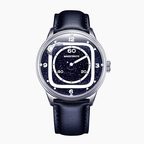 Mandetbrote Orbital II Blue — Front view of the blue aventurine glass dial with cushion-shaped hour rail, geared satellite and central minute hand, 40mm steel case on blue leather strap, available at IFL Watches.