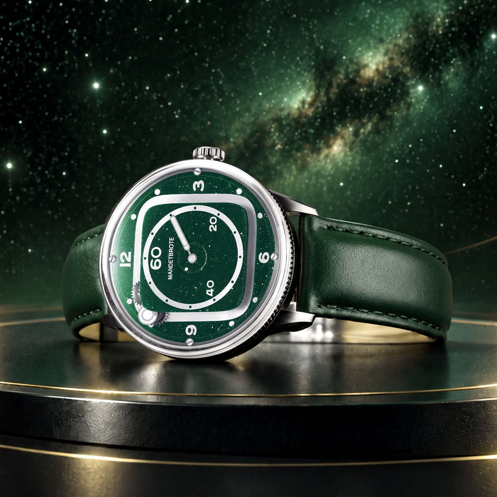 Mandetbrote Orbital II Green — Standing on a platform beneath a Milky Way backdrop, available at IFL Watches.