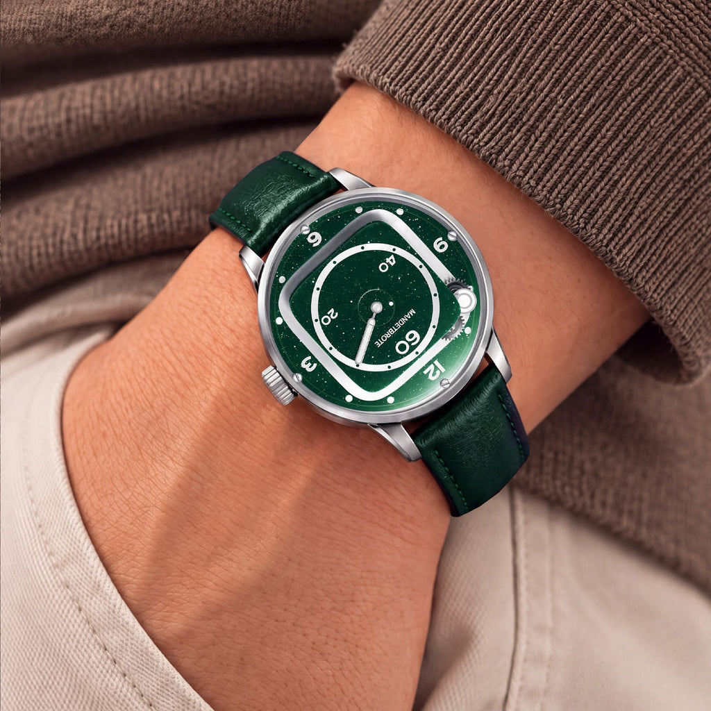 Mandetbrote Orbital II Green — Worn on wrist with a hand in pocket, seen from a relaxed angle, available at IFL Watches.