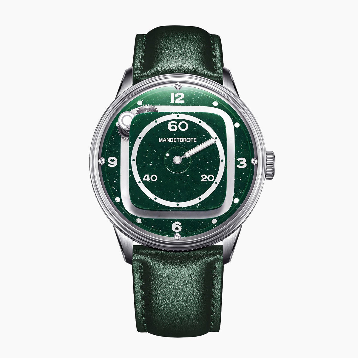 Mandetbrote Orbital II Green — Front view of the green aventurine glass dial with cushion-shaped hour rail, geared satellite and central minute hand, 40mm steel case on green leather strap, available at IFL Watches.