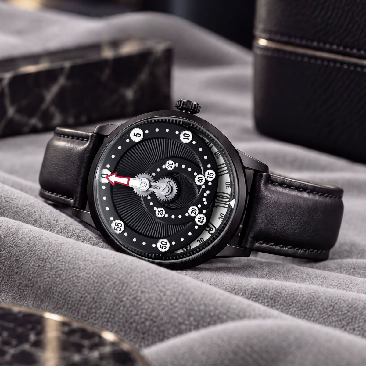 Mandetbrote Orbital Midnight Black — Lying on grey fabric beside a marble block, seen in three-quarter view, available at IFL Watches.