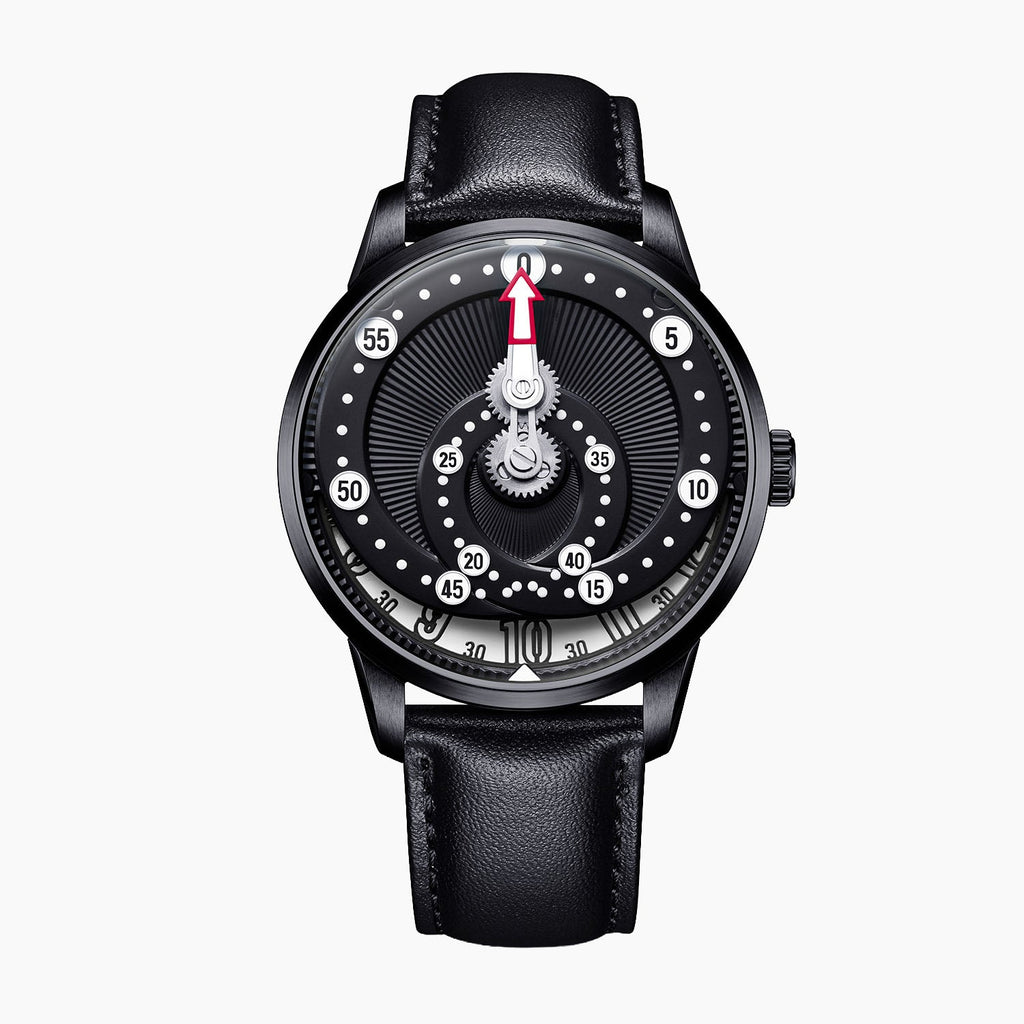 Mandetbrote Orbital Midnight Black — Front view of the black dial with geared minute arm, looping minute track and hour window at six, 41.2mm black DLC steel case on black leather strap, available at IFL Watches.