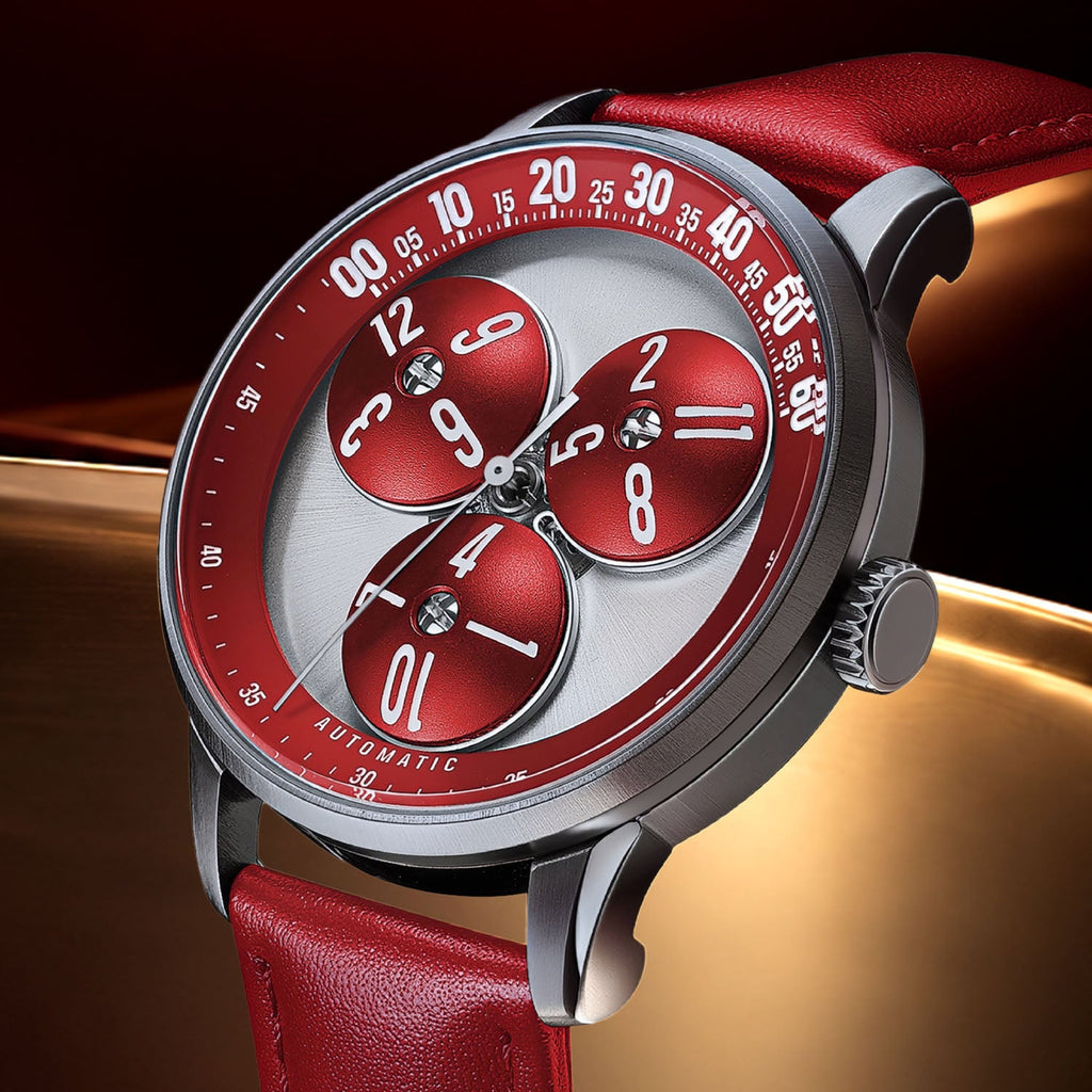 Mandetbrote Wandering Hour Burgundy — Close three-quarter view of the hour discs travelling along the minute arc, available at IFL Watches.